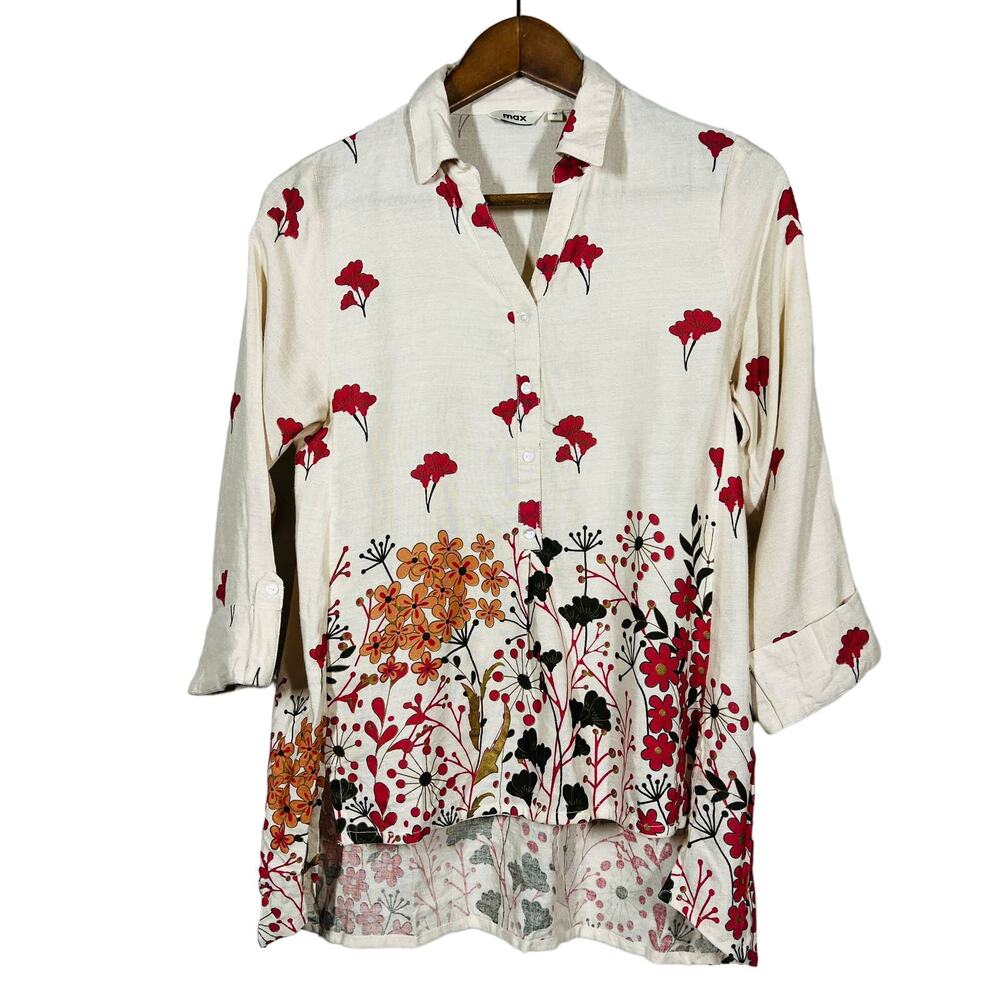 Max Half Button Mod Floral Print Tunic Tan Pink Red Hi Lo Hem - M